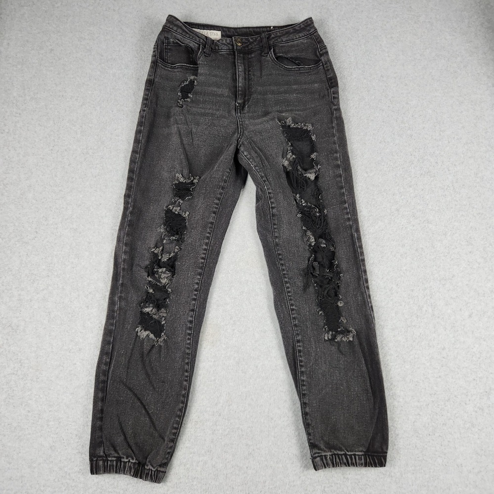 Vanilla Star Jogger Jeans Women 7 Black Distressed High Rise Acid Wash Tapered